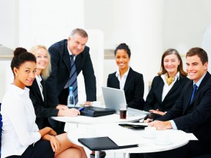 Business group portrait - Six business people working together. A diverse work group.