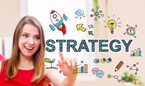 Strategy concept with young woman in her home